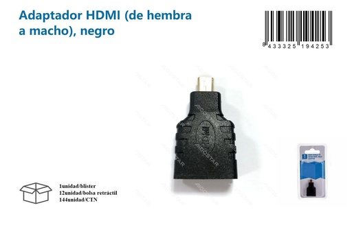 [171019425] Adaptador HDMI (hembra a macho) negro para conexiones audiovisuales