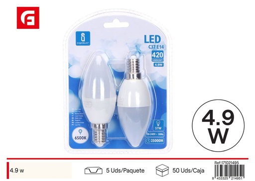 [171021495] Bombilla LED C37 E14 4.9W 2 piezas 6500K luz fría para iluminación