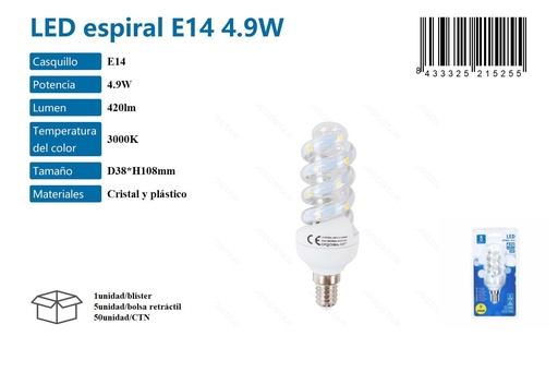 [171021525] Bombilla LED espiral E14 4.9W 3000K iluminación eficiente