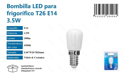 [171028408] Bombilla LED para frigorífico T26 E14 3.5W 6500K para iluminación