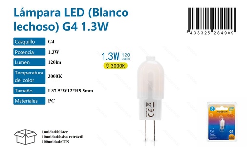 [171028490] Lámpara LED blanco lechoso G4 1.3W 3000K para iluminación eficiente