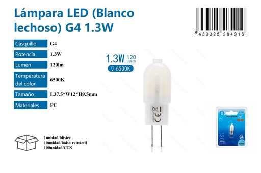 [171028491] Lámpara LED blanco lechoso G4 1.3W 6500K para iluminación