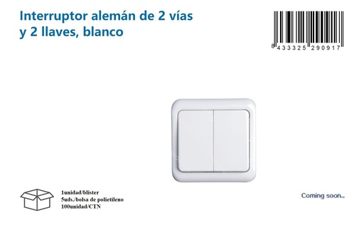 [171029091] Interruptor alemán de 2 vías y 2 llaves, blanco - Accesorios eléctricos
