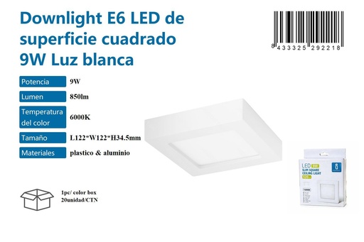 [171029221] Plafón LED cuadrado 9W luz blanca 6000K para techo