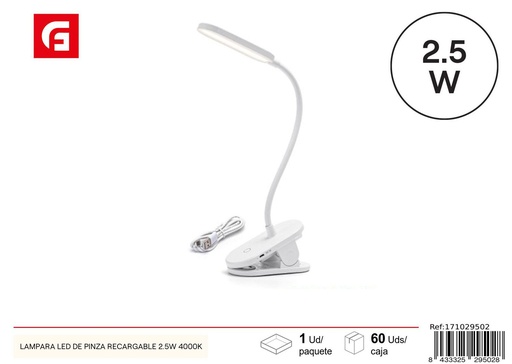 [171029502] Lámpara LED de pinza recargable 2.5W 4000K - Iluminación de mesa