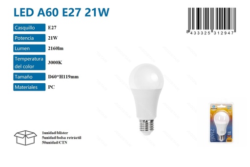 [171031294] Bombilla LED A60 E27 21W 3000K para iluminación eficiente