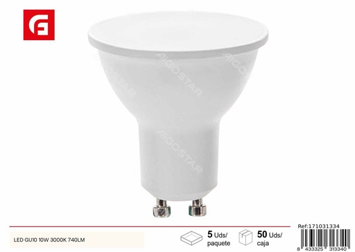 [171031334] Lámpara LED GU10 10W 3000K 740LM para iluminación eficiente