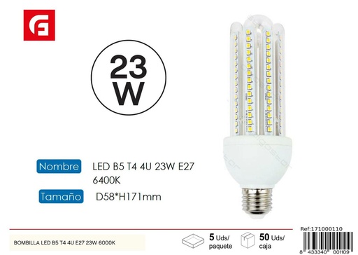 [171000110] Bombilla LED en forma de U 4U E27 23W 6500K para iluminación eficiente