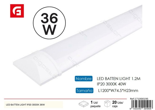 [171000195] Lámpara LED batten light IP20 3000K 36W para iluminación