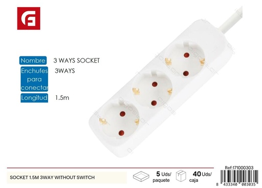 [171000303] Socket 1.5m 3way sin interruptor para electricidad
