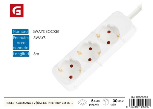 [171000309] Regleta alemana de 3 vías sin interruptor 3m