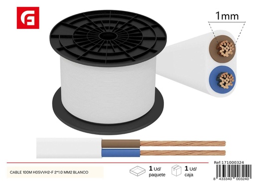 [171000324] Cable eléctrico 100m H05VVH2-F 2*1.0mm² blanco para instalaciones