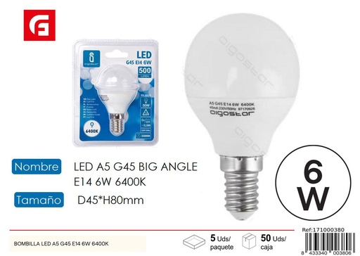 [171000380] Bombilla LED G45 E14 6W 6500K para iluminación