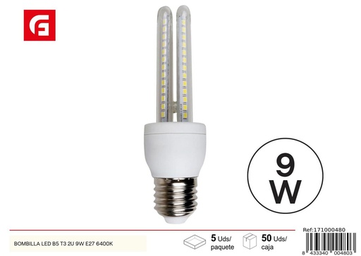 [171000480] Bombilla LED en forma de U 2U E27 9W 6500K para iluminación