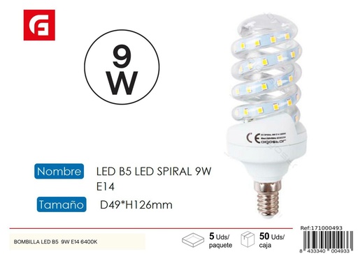 [171000493] Bombilla LED espiral E14 9W 6500K - Iluminación