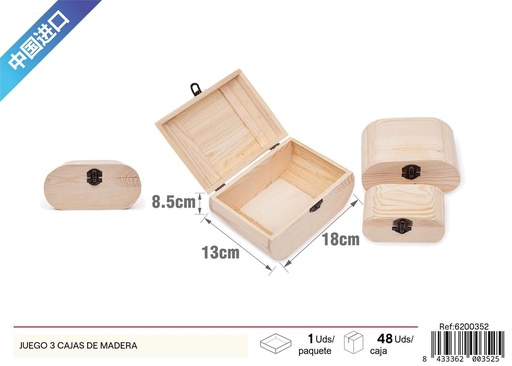 [6200352] Juego de 3 cajas de madera de pino - Decoración para el hogar