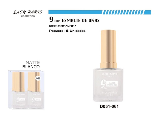 [D051-061] Esmalte de uñas blanco mate 9 días 6/u para manicura