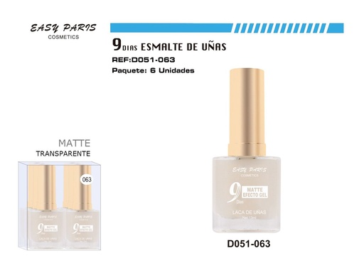 [D051-063] Laca de Uñas 9 Días Incolor Mate - Esmaltes de uñas