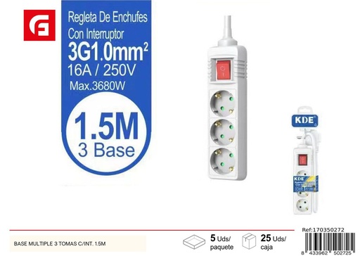 [170350272] Base múltiple de 3 tomas con interruptor 1.5m