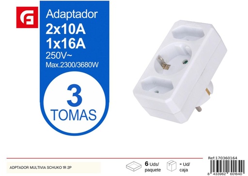 [170360164] Adaptador multivía Schuko 1R+2P para enchufes y conexiones eléctricas