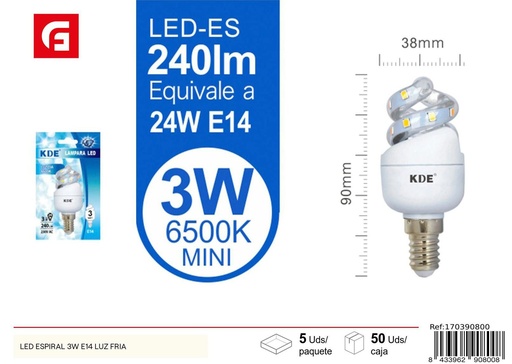 [170390800] Bombilla LED espiral 3W E14 luz fría para iluminación