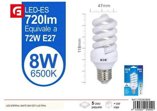 [170391809] Bombilla LED espiral mate 8W E27 luz fría para iluminación