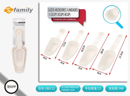 [100112] Cazos medidores 4 unidades (1 cup, 1/2 cup, 1/3 cup, 1/4 cup) para cocina