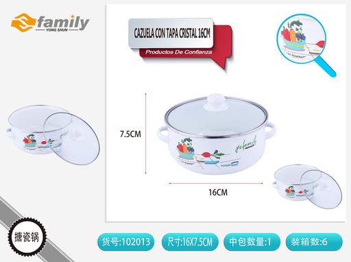 [102013] Cazuela con tapa de cristal esmaltada 16cm para cocina