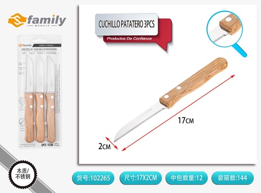 [102265] Cuchillo patatero de mango de madera 3PCS - Utensilios de cocina