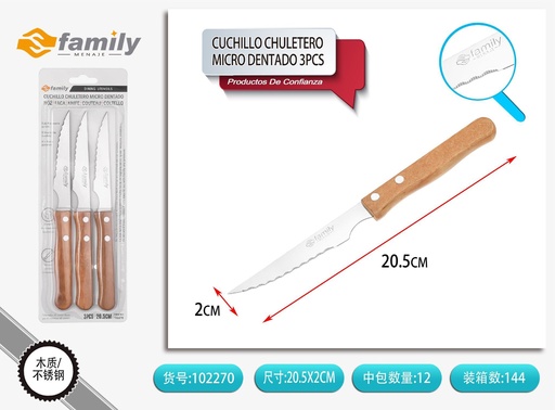 [102270] Cuchillo chuletón de madera, 3 piezas - Utensilios de cocina