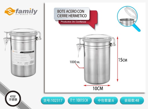 [102317] Bote de acero con cierre hermético 10x16.5cm para almacenamiento de alimentos