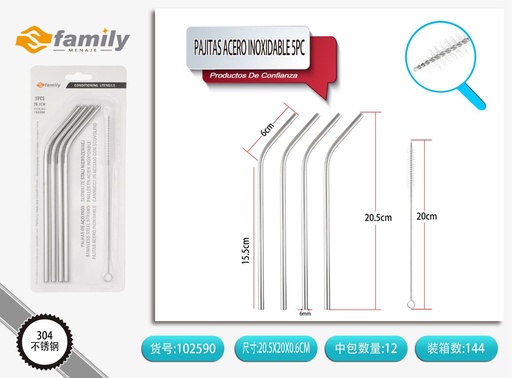 [102590] Pajitas de acero inoxidable 5pc con cepillo limpiador