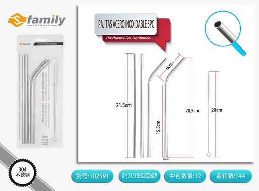 [102591] Pajitas de acero inoxidable reutilizables 21.5x6cm 4pcs con cepillo de limpieza