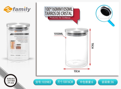 [103983] Tarros de cristal con tapa 100x160mm 1050ml - Almacenamiento y frascos para cocina