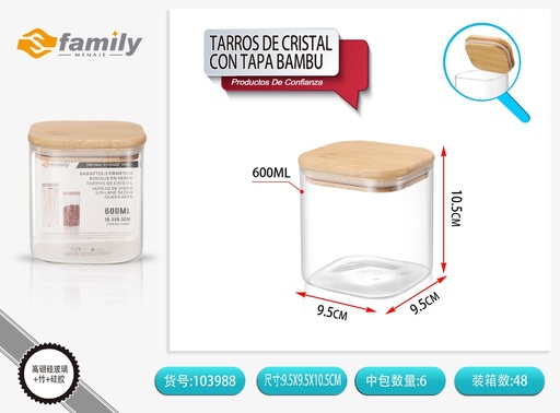 [103988] Tarro de cristal con tapa de bambú 10x11cm 600ml para almacenamiento