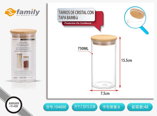 [104000] Tarros de cristal con tapa de bambú 85x160mm 750ml - Recipientes para almacenamiento