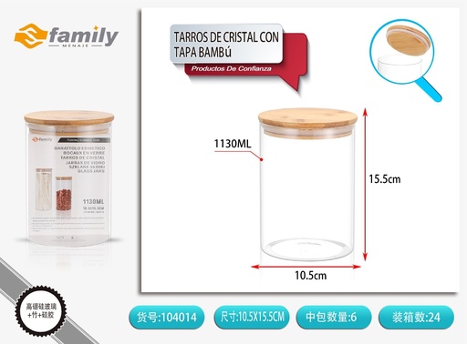 [104014] Tarros de cristal con tapa de bambú 110*160mm 1130ML - Almacenamiento de cocina