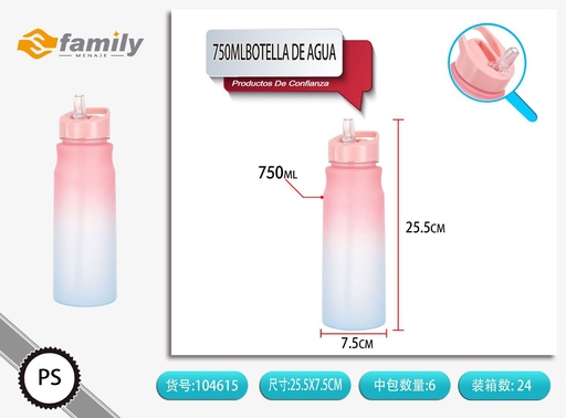 [104615] Botella de agua con etiqueta 750ml para hidratación y deporte