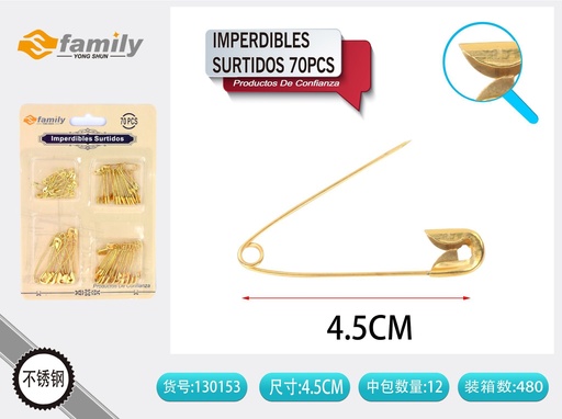 [130153]  Imperdibles dorados 70 piezas - Accesorios de costura
