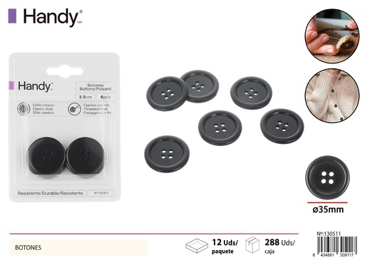 [130511] Botones negros 3.5 cm (6 pcs) - Accesorios de costura