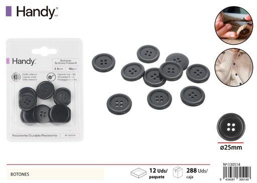 [130514] Botones negros 2.5cm 10pcs para costura y manualidades