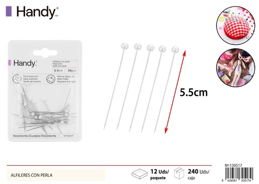 [130517] Alfileres con perla redonda blanca 30pcs - Accesorios de costura