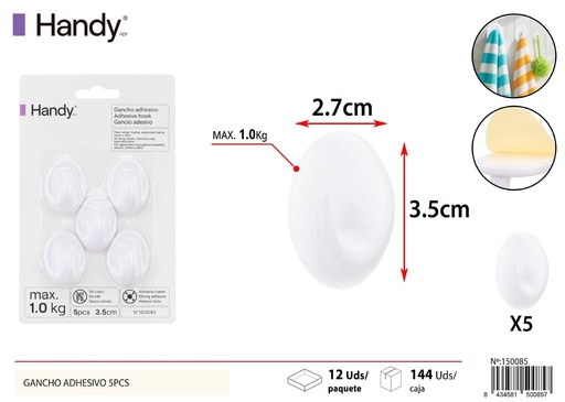 [150085] Percha Adhesiva Blanca 5PCS - Ganchos adhesivos para colgar