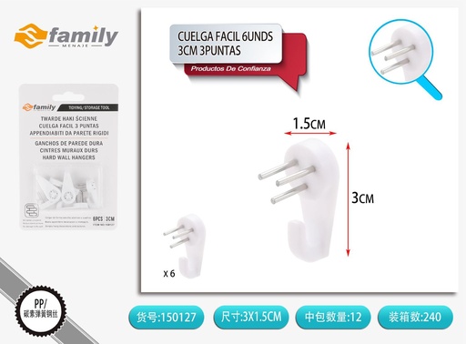 [150127] Cuelga fácil 6UND 3CM 3 puntas - Artículos de colgar