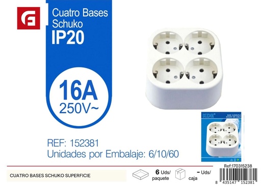 [170315238] Base múltiple Schuko con cuatro enchufes para superficie