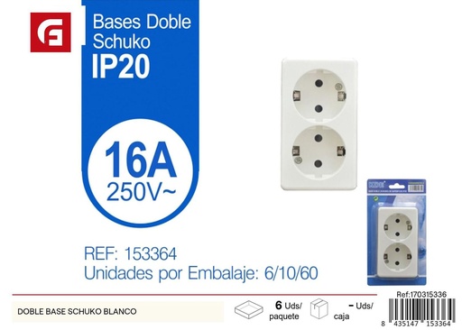 [170315336] Base doble Schuko blanca para enchufes 