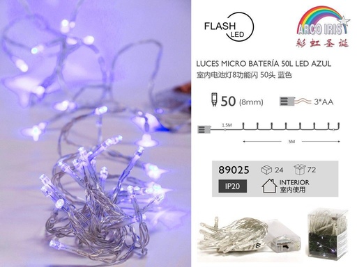 [89025] Luces micro LED de batería 50L azul con flash para interior 3AA 5m