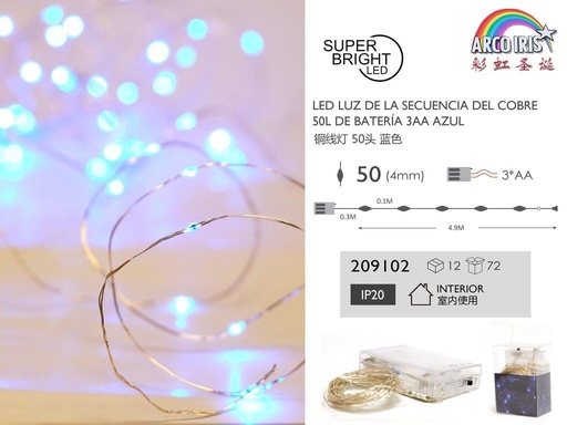 [192990102] Luz de la secuencia del cobre 50L de batería 3AA azul 2m para decoración navideña