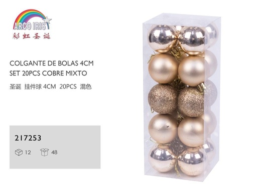 [217253] Colgante de bolas 4cm set 20 piezas cobre mixto para decoración navideña