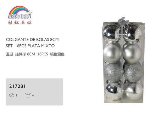 [217281] Set 16pcs colgante de bolas 8cm plata para navidad